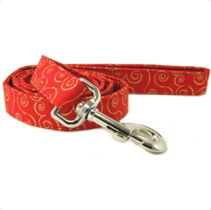 RED METALLIC GOLD SCROLLS DOG LEASH