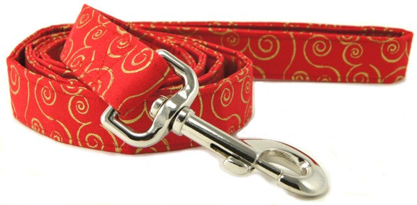 RED METALLIC GOLD SCROLLS DOG LEASH